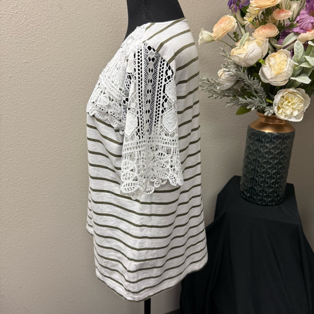 Allison Daley Striped Crochet Lace Yoke Short Sleeve Blouse Top XL White Tan - Picture 2 of 8